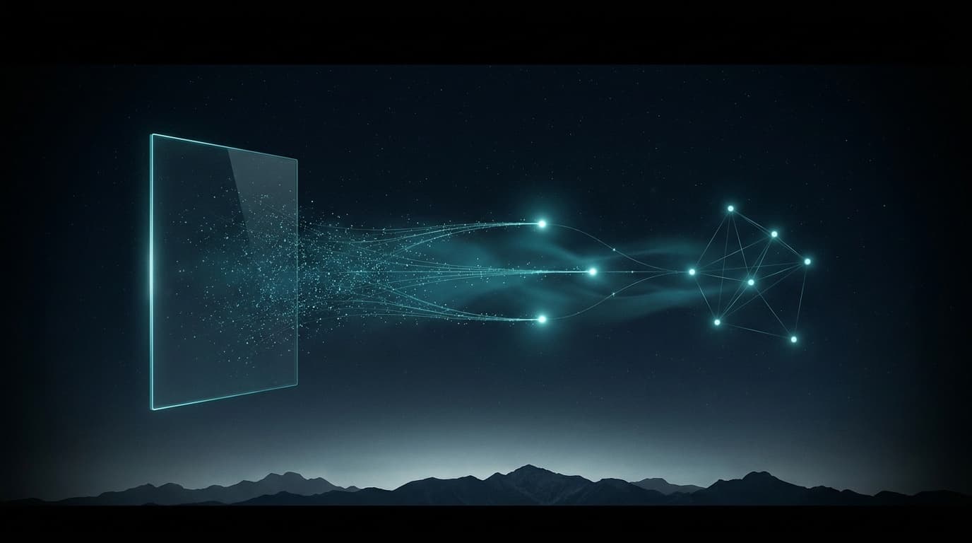 Redaktionelles Cover-Artwork für den Morvion-Newsletter-Artikel „Was ein KI-Operator zwischen 9 und 17 Uhr wirklich tut.", autonome cyan-tuerkise Agenten-Knoten, die durch eine durchscheinende Operating-Schicht im Navy-Stil Arctic Glass des Studios routen.