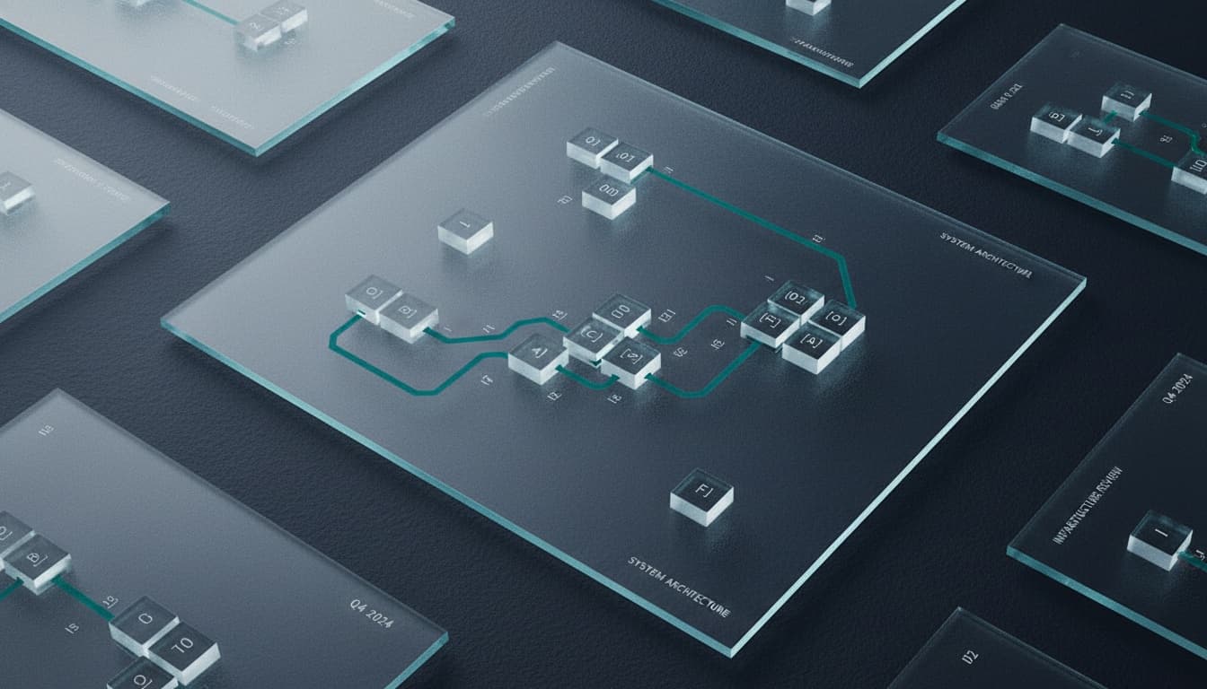 Editorial cover artwork of an operating-system schematic — the rise of AI business systems as the new operating layer in 2026.