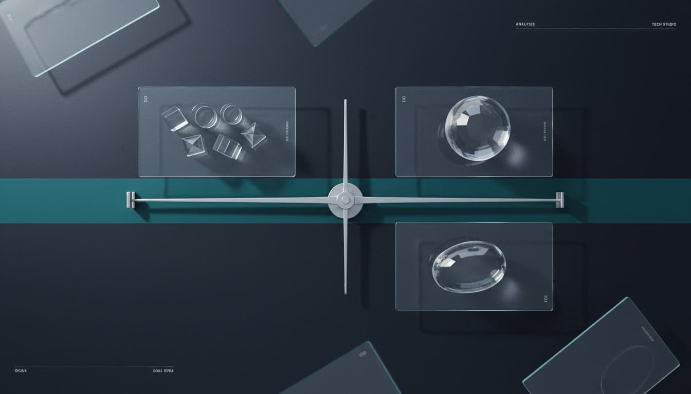 Editorial cover artwork showing a two-pan balance — the build-versus-buy decision frame for AI tooling in a service business.