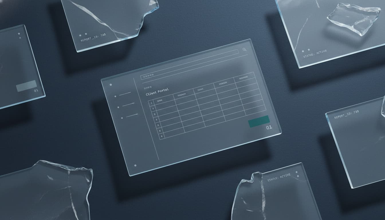 Editorial cover artwork of a structured portal interface — replacing email chaos with a single source of truth for service businesses.