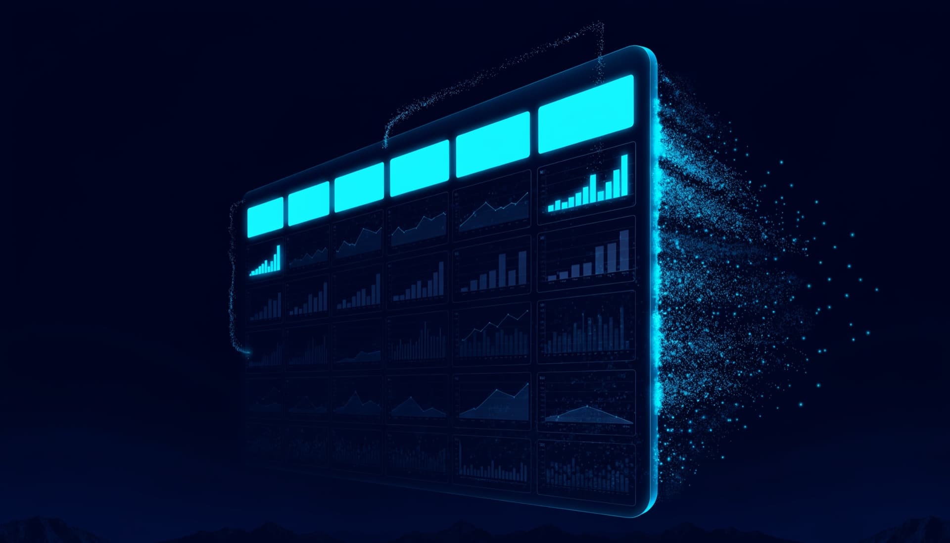 Editorial cover artwork for the Morvion newsletter article "What makes a dashboard useful, not just beautiful.", showing a translucent Arctic Glass dashboard whose top KPI row glows brightest while decorative lower tiles dissolve into particles, rendered in the studio's navy and cyan-teal Arctic Glass style.