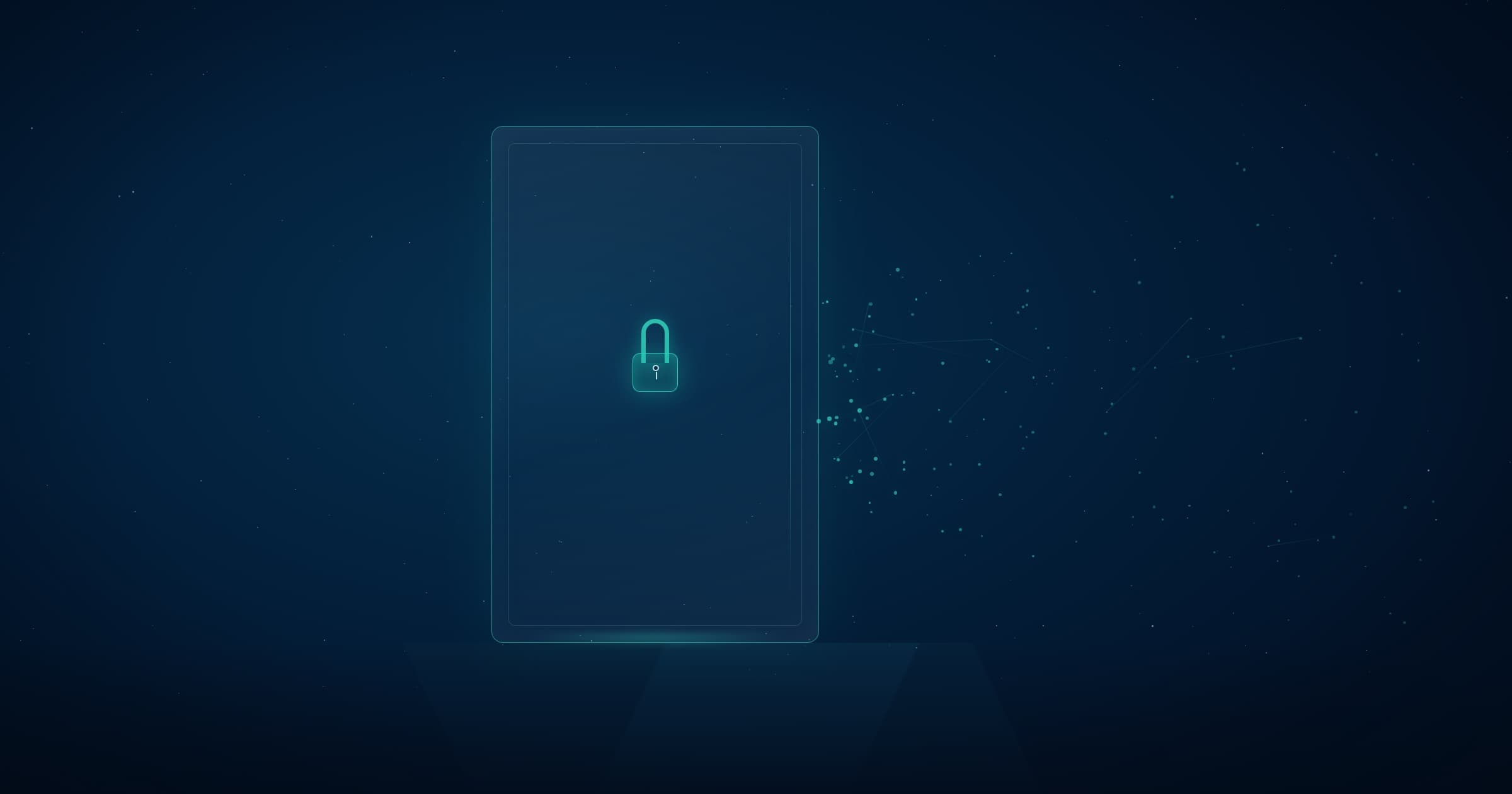Editorial cover artwork for the Morvion newsletter article "The door your website keeps locked.", rendered in the studio's navy + cyan-particle Arctic Glass style.