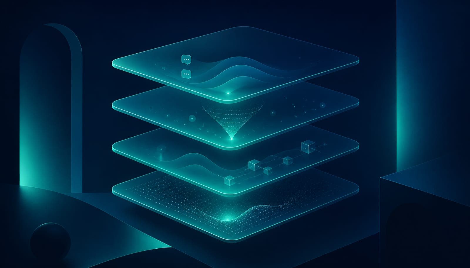 Editorial cover artwork of a hospitality venue's digital stack — four layers from communication and conversion to operations and memory.