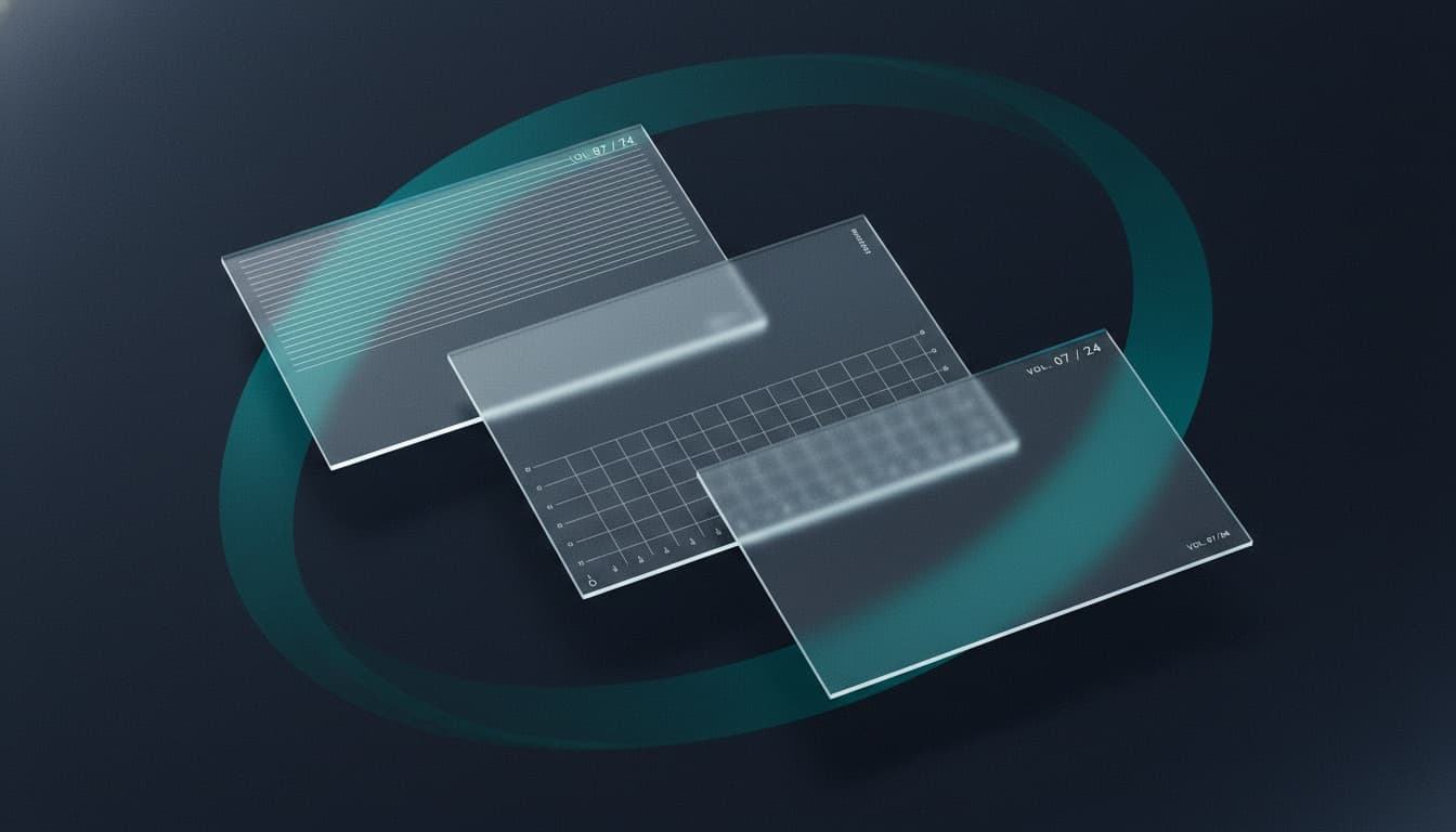 Editorial cover artwork of layered glass surfaces — immersive websites that convert through structured motion, not decorate with it.