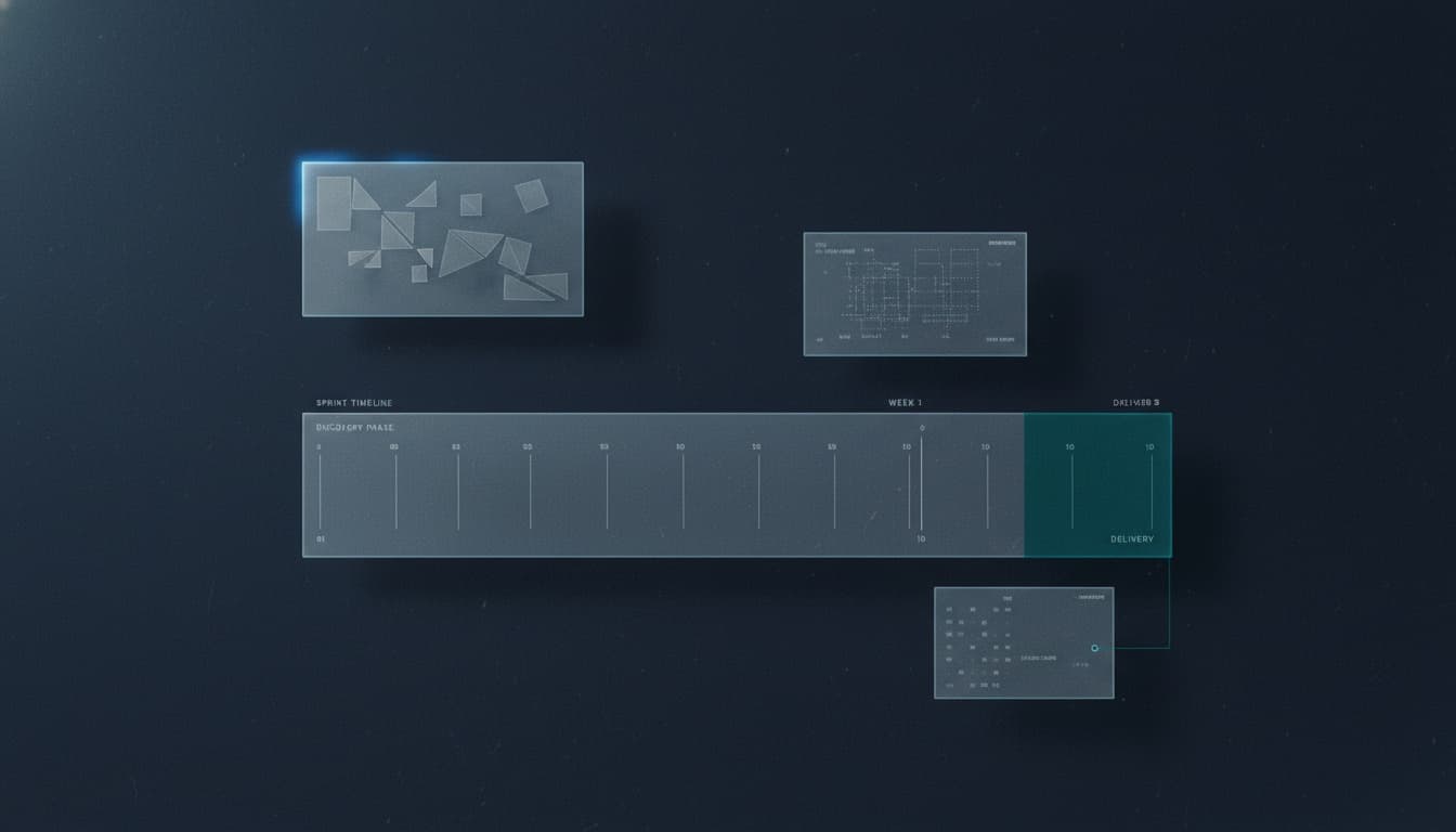 Editorial cover artwork of a focused two-week timeline — the discovery sprint that validates an AI workflow with working software.