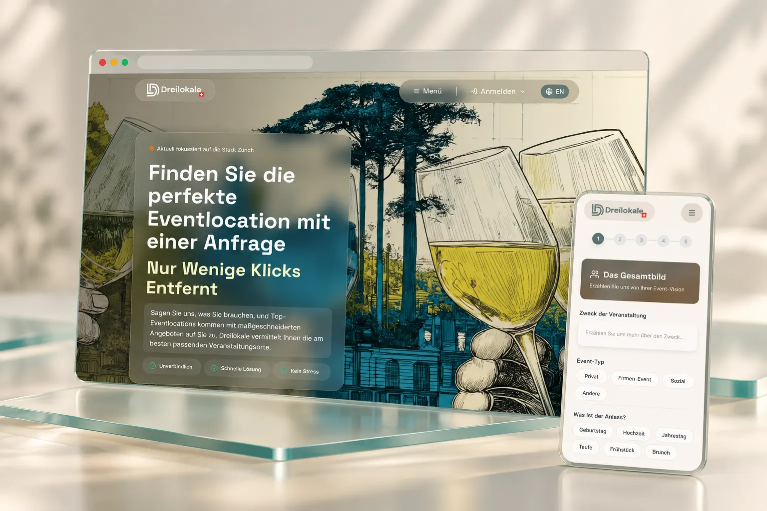 Editorial presentation of the Dreilokale website on desktop and mobile.