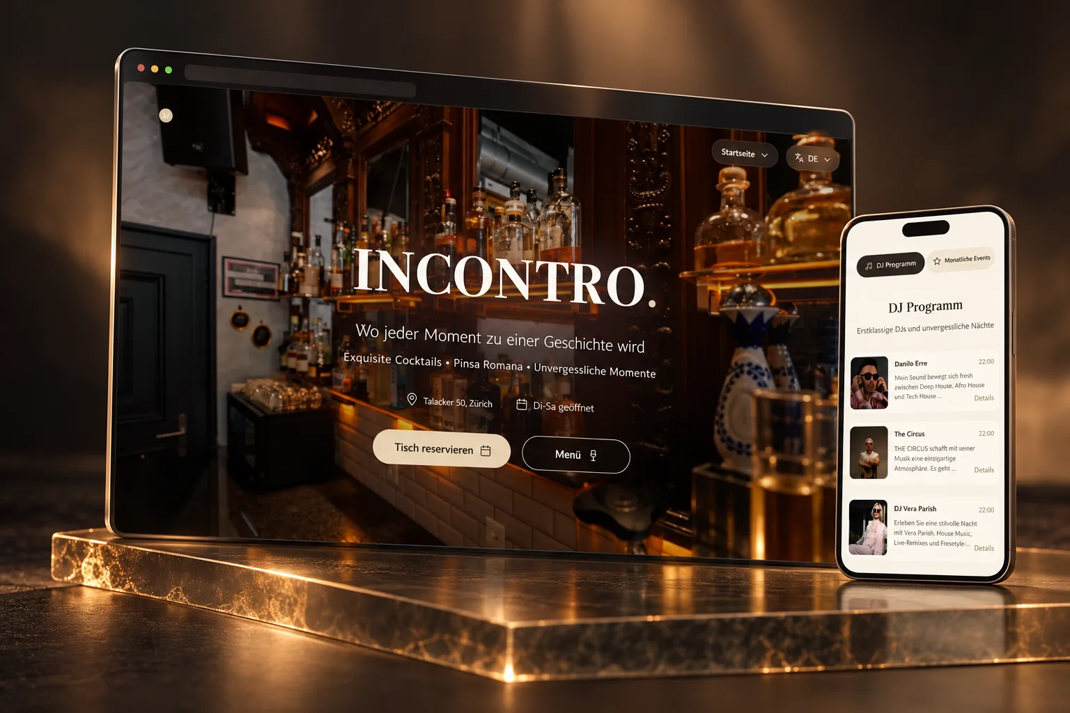 Editorial presentation of the Incontro website on desktop and mobile.
