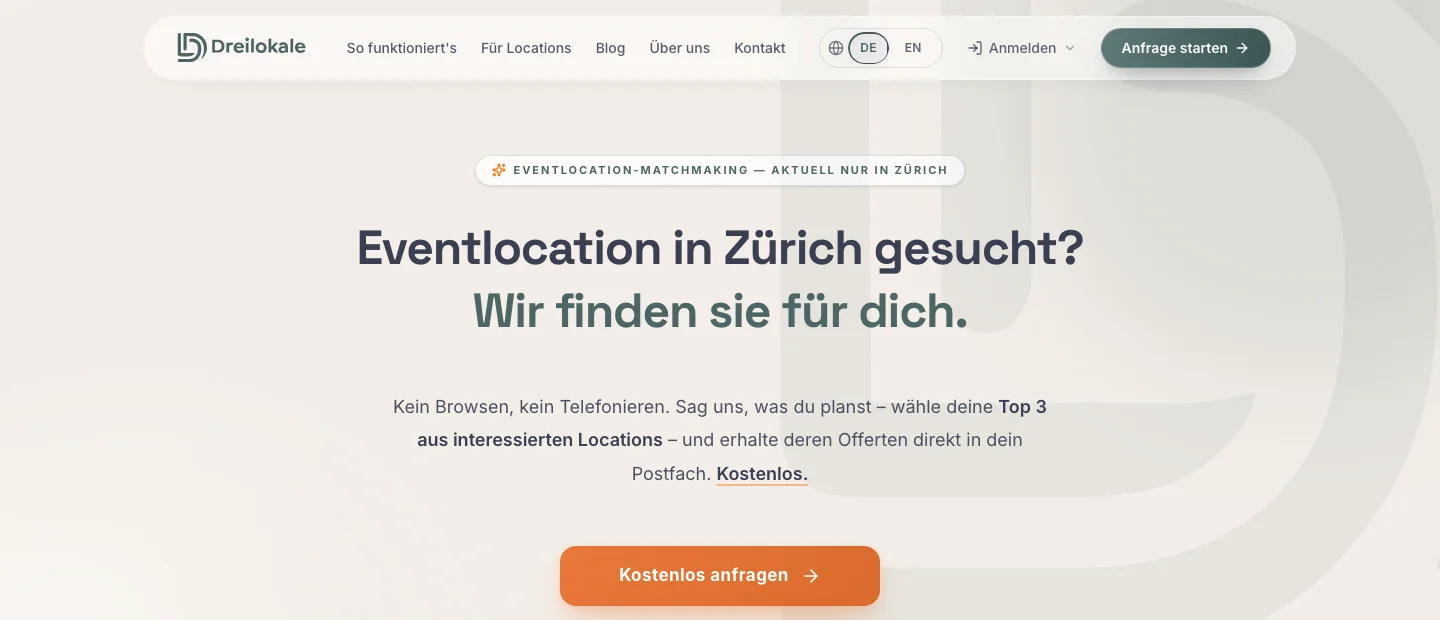 Dreilokale website, homepage inviting organisers to send one request, public capture of 12 October 2026