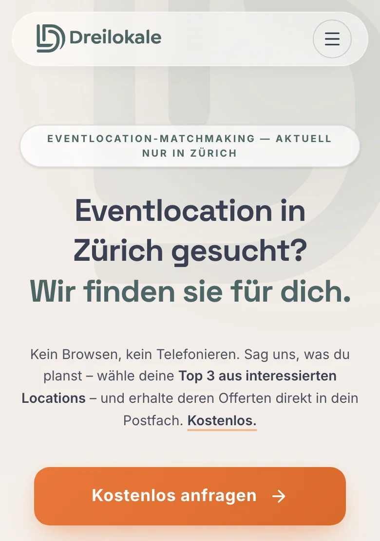 Dreilokale website on a phone, homepage, public capture of 12 October 2026