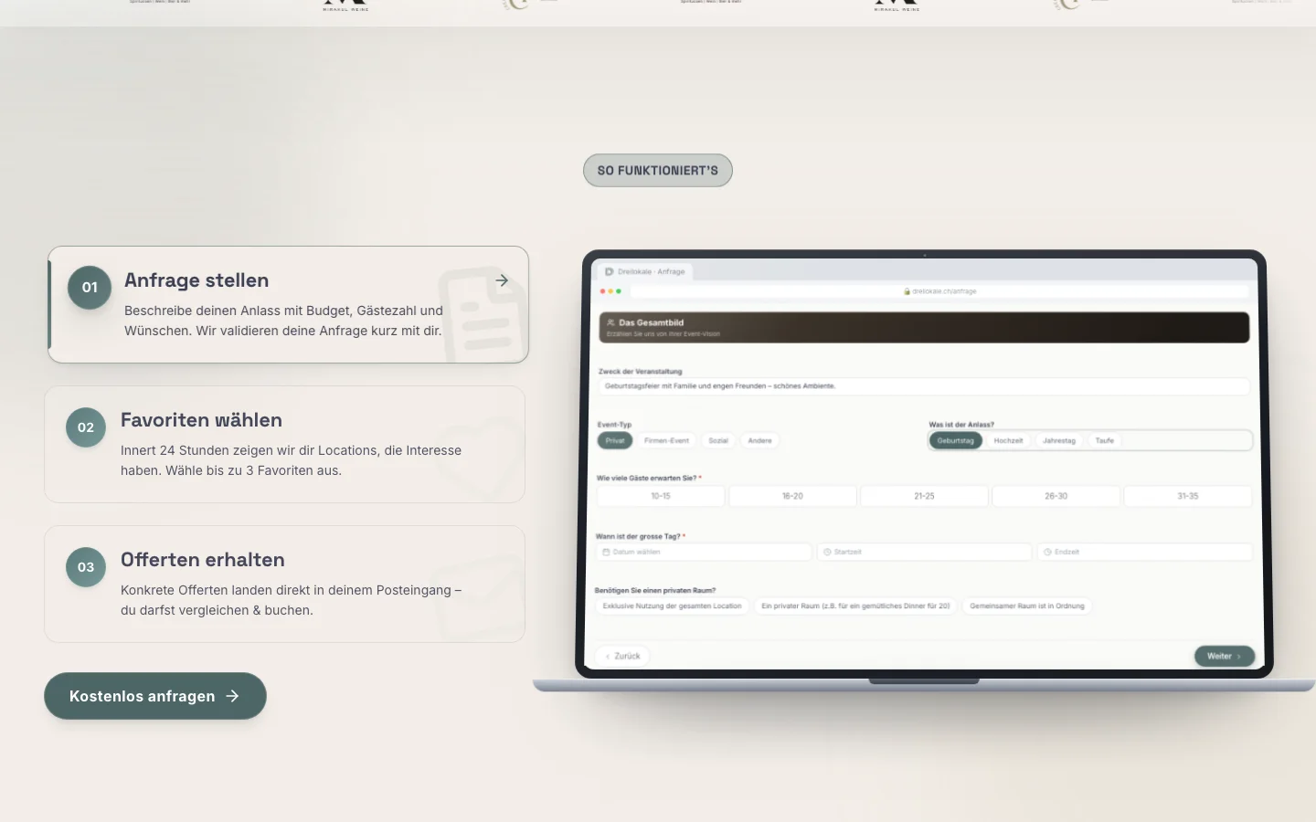 Dreilokale website, how-it-works section with the three steps of a request, public capture of 12 October 2026