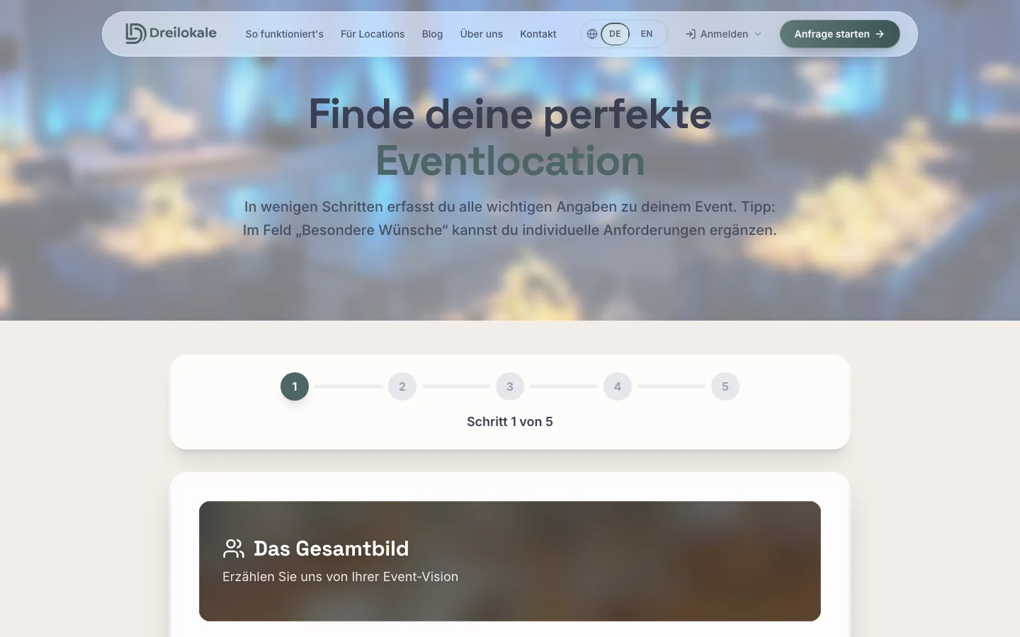 Dreilokale website, first step of the event request form, empty, public capture of 12 October 2026