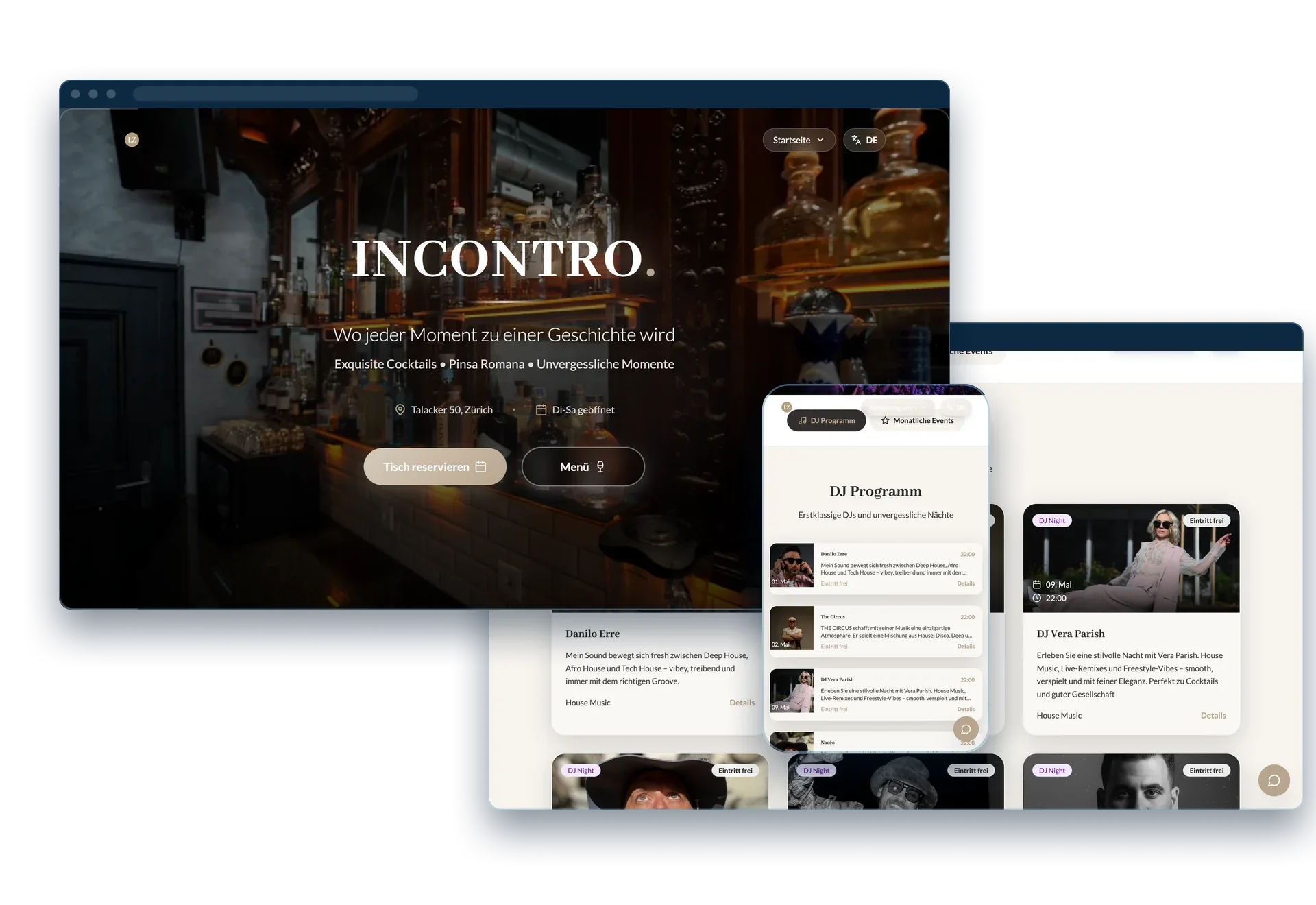 Composite of captures from an earlier version of the Incontro Bar website