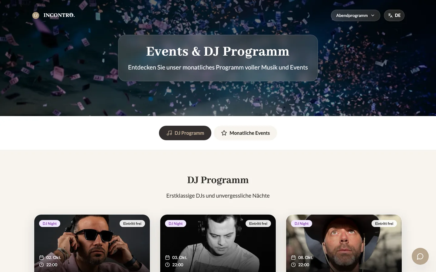 Incontro Bar website, events and DJ programme page, public capture of 12 October 2026