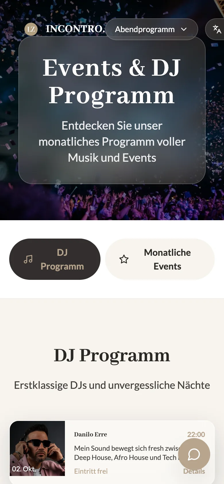 Incontro Bar website on a phone, events and DJ programme page, public capture of 12 October 2026