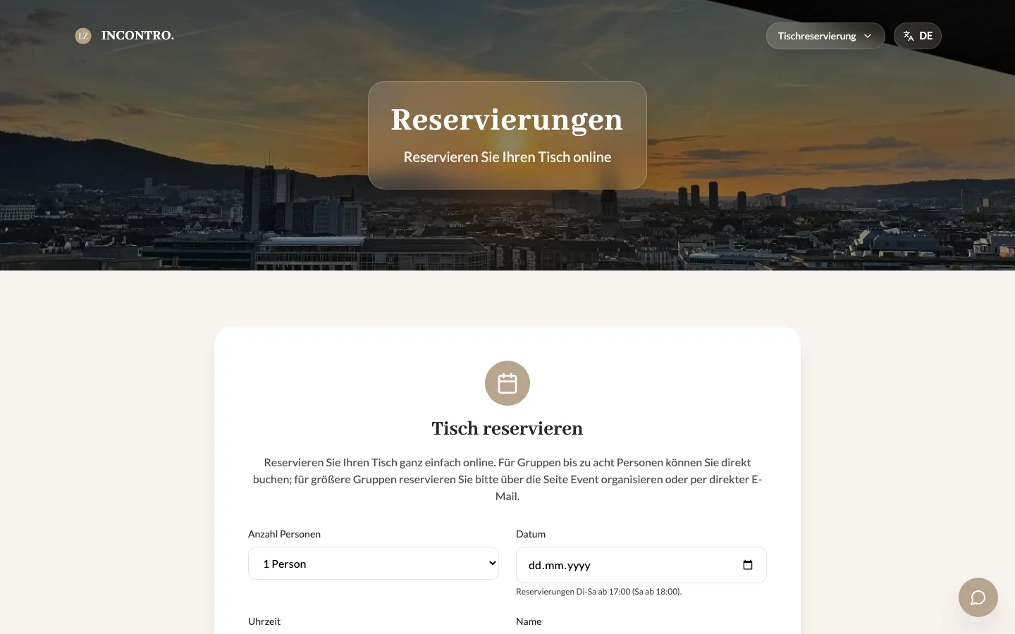 Incontro Bar website, table reservation page with the empty booking form, public capture of 12 October 2026